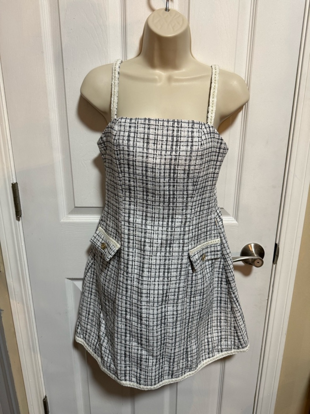 White and Black Check Square-Neck Mini Dress